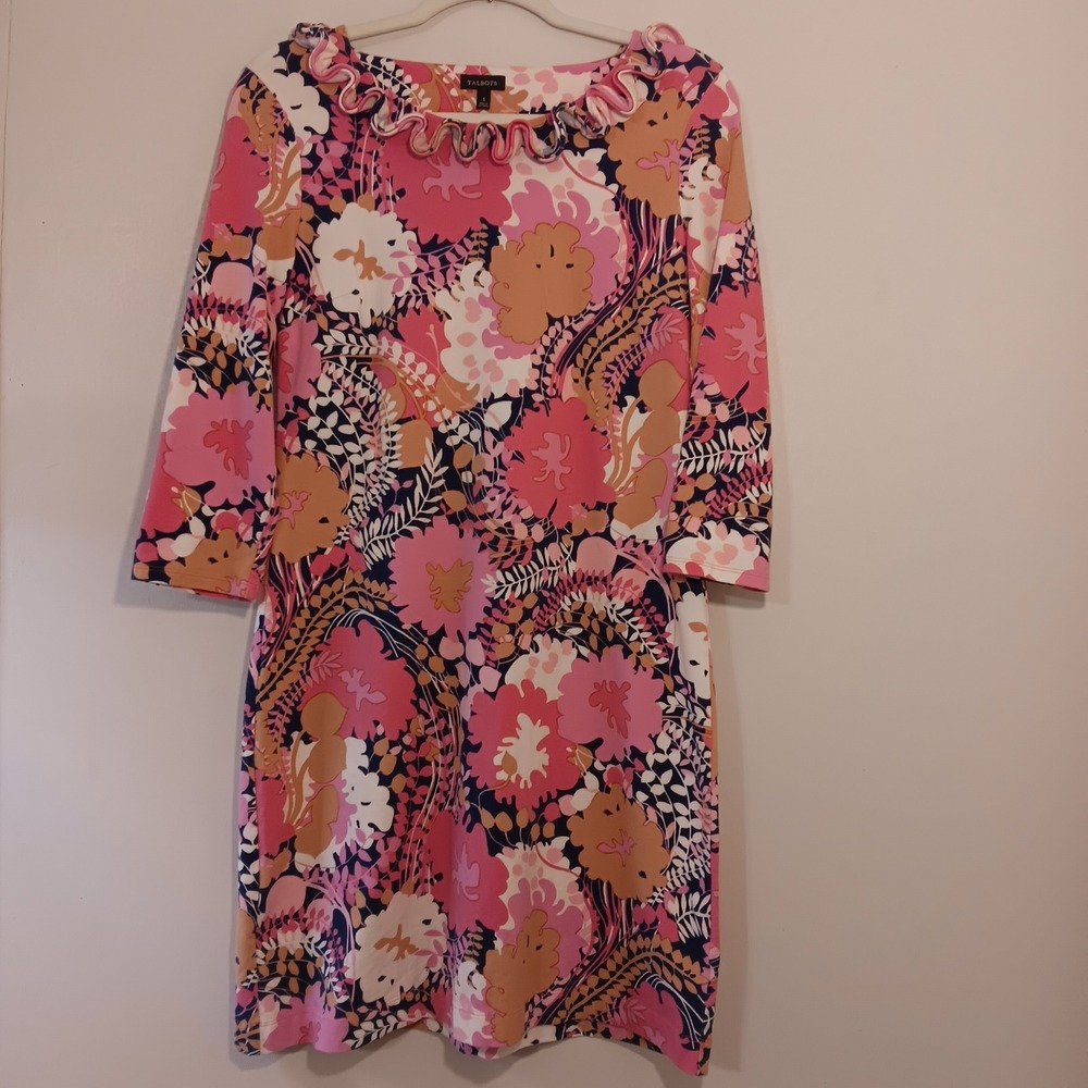 Talbots Floral Print Dress Pink Tan White Ruffle Neckline 3/4 Sleeve Womens